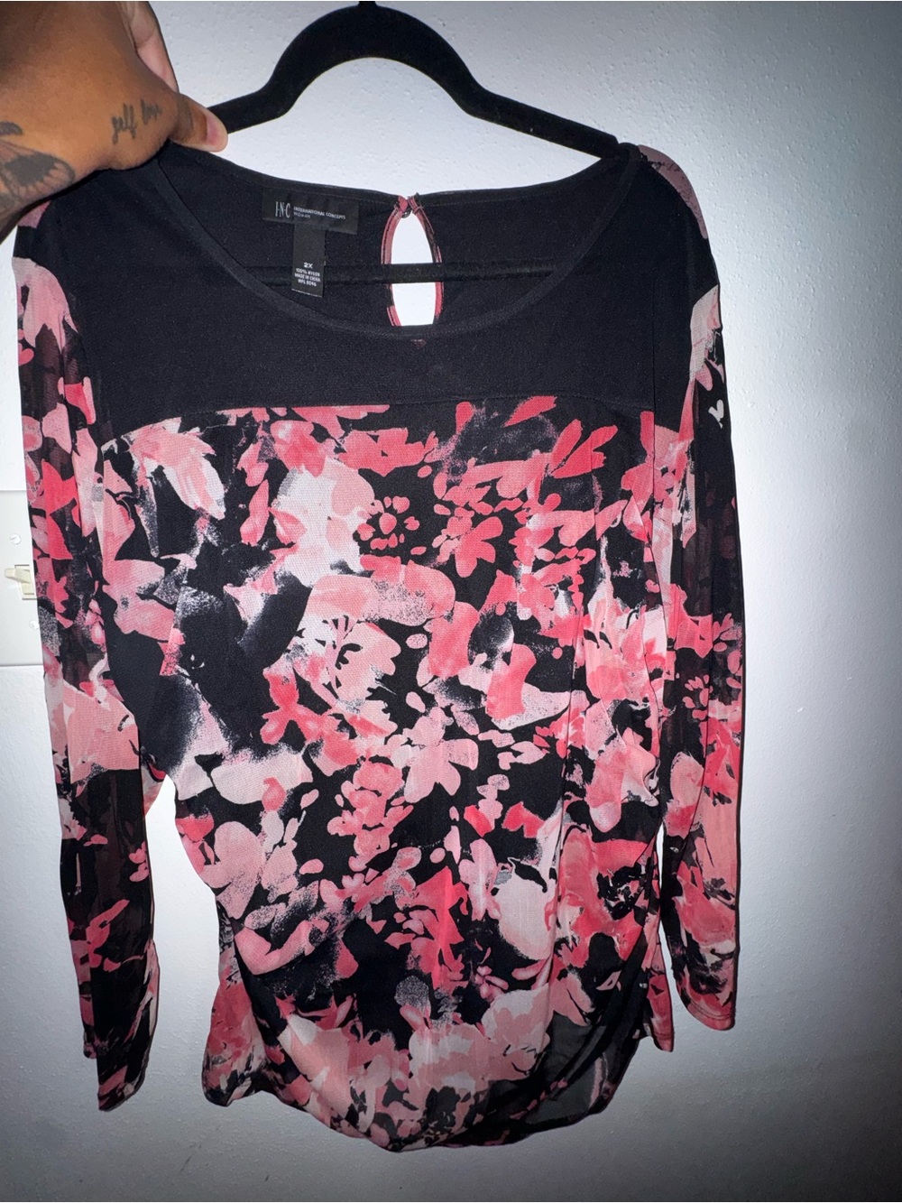 INC International Concepts Black Floral-Print Long Sleeve Top with Pink Accents
